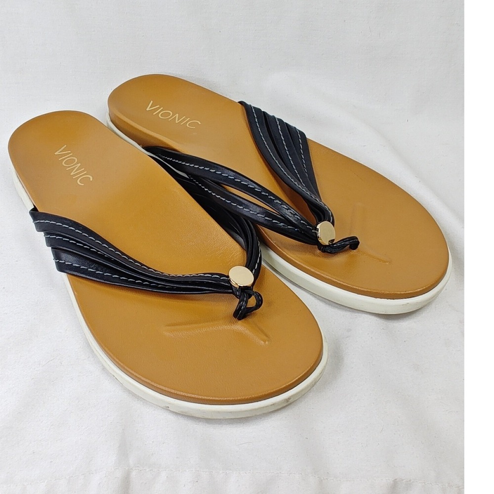 Vionic Palm Catalina Toe Post Thong Sandals Triple Black Leather Orthopedic 8M